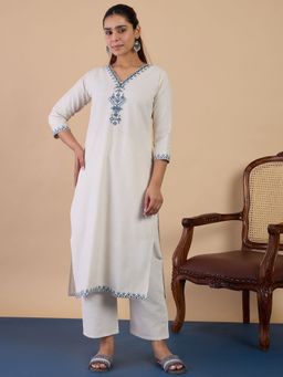 VredeVogel - Off White Embroidered Khadi Cotton Kurta and Pant