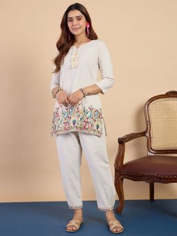 VredeVogel - Off White Embroidered Khadi Cotton Co-Ord Set