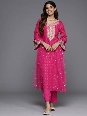 Women's Pink Viscose Chanderi Embroidered Straight Kurta Pant With Dupatta