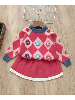 Little Surprise Box - Red Diamond Floral Cardigan & Skirt for Girls (Set of 2)