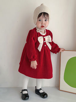 Little Surprise Box - Maroon Big Bow Ruffled Neck Knitted Dress