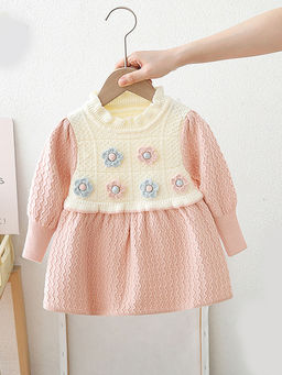 Little Surprise Box - Pink Floral Jacket Patterned Knitted Dress for Girls