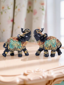 Golden Peacock - Black Embellished Polyresin Elephant Showpiece (Pack of 2)