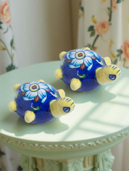 Golden Peacock - Blue Pottery Hand Painted Ceramic Tortoise Decorative Showpiece (Pack of 2)
