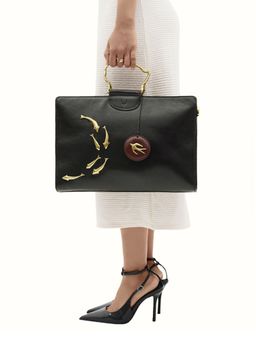 Hidesign - Black Genuine Leather Parrot 02 Handbag with Detachable Strap & Bag Charm (L) (Set of 3)