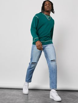 Styli - Blue Contrast Overlock Regular Fit Sweatshirt