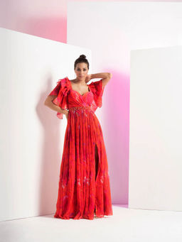 MANDIRA WIRK - Poppy Red Heat Pleated Long Maxi Dress with Separate Embroidered Belt (Set of 2)