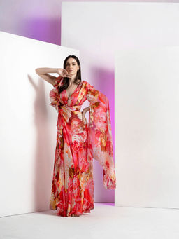 MANDIRA WIRK - Ultra Peony Corsage Floral Print Yoke Red Long Gown & Flared Sleeves