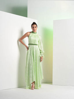 MANDIRA WIRK - Mint Green Embroidered Heat Pleat Asymmetrical Dress with Belt (Set of 2)