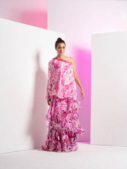 MANDIRA WIRK - Faded Pink Tie & Dye Off-Shoulder Four Layered Maxi Dress