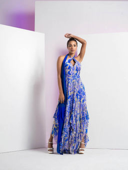 MANDIRA WIRK - Pancy Daisy Printed Asymmetrical Frill Dress with Solid Blue Neck Extension