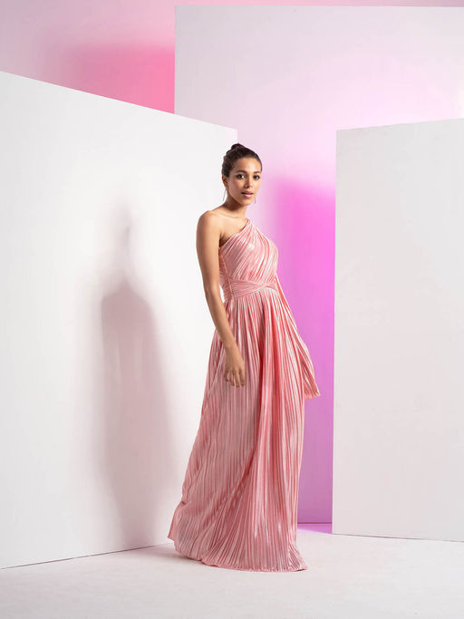 Buy MANDIRA WIRK Flamingo Pink One Side Shoulder Heat Self Design Maxi Dress  Online