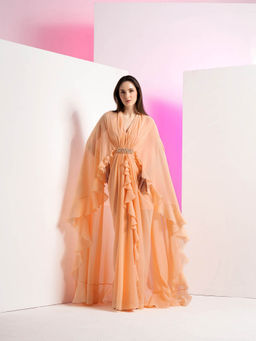 MANDIRA WIRK - Salmon Peach Solid Pleated Frilled Cape Maxi Dress