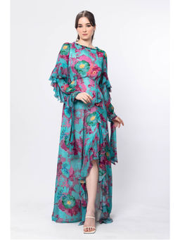MANDIRA WIRK - Forest Biome Boat Neck Tie Up Embroidered Sleeve Dress with Frill Detail