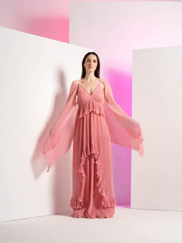 MANDIRA WIRK - Pink Pearl Detailed Heat Pleated Maxi Dress with Flared Sleeves
