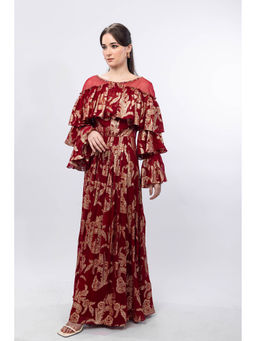 MANDIRA WIRK - Radiant Maroon Brasso Ruffled Shoulder Detail Maxi Dress
