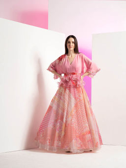 MANDIRA WIRK - Patchy Floral Peplum Pink Long Gown with Embroidered Belt