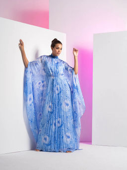 MANDIRA WIRK - Pearl Blue Embroidered Asymmetrical Pleated Kaftan Dress
