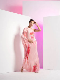 MANDIRA WIRK - Champagne Blush Off Shoulder Pleated Floral Maxi Dress with Ombre Fringes