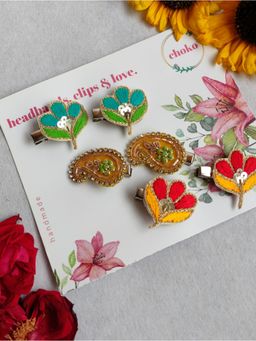 Choko - Embroidered & Sequin Hairclips Green, Orange & Yellow – Ethnic Daily & Wedding Wear (Set of 6)