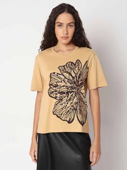 VERO MODA - Beige Sequined Printed T-Shirt