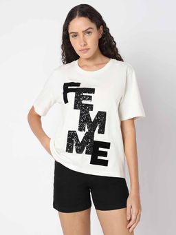 VERO MODA - White Sequin Typography Print T-Shirt
