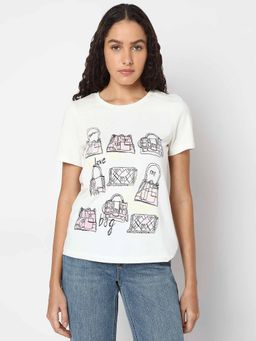 VERO MODA - White Printed Cotton T-Shirt