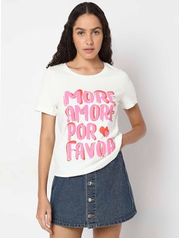 VERO MODA - White Typographic Print Cotton T-Shirt