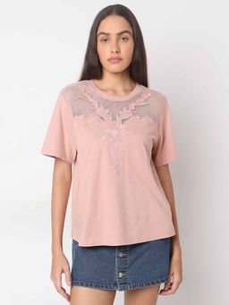 VERO MODA - Pink Floral Applique Mesh T-Shirt