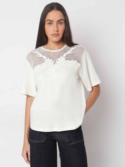 VERO MODA - White Floral Applique Mesh T-Shirt