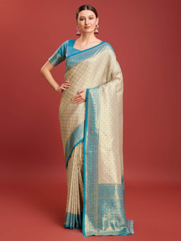 Monjolika Fashion - Sky Blue Color Womens Kanjivaram Silk Designer Saree with Unstitched Blouse