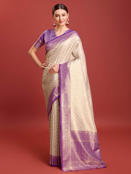 Monjolika Fashion - Lavender Color Womens Kanjivaram Silk Designer Saree with Unstitched Blouse
