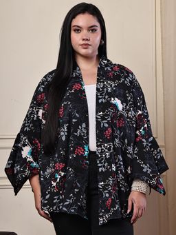 theRebelinme - Floral Printed Poly Crepe Stylish Shrug For Women - Black