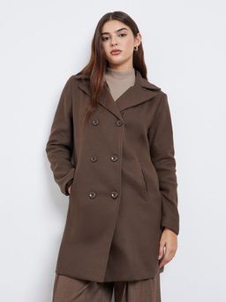 Styli - Women Regular Fit Longline Wool Look Double Breasted Overcoat - Brown