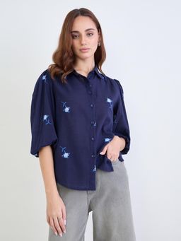 Styli - Women Regular Fit All-Over Embroidery Detail Shirt - Navy Blue