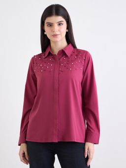Styli - Women Faux Pearl Embellished Long Sleeve Regular Fit Shirt - Burgundy