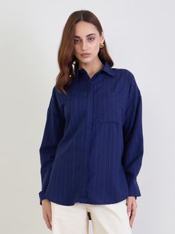 Styli - Women Textured Oversized Drop Shoulder Long Length Shirt - Blue
