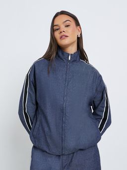 Styli - Women Regular Fit Regular Length Denim Bomber Jacket With Side Stripe - Blue