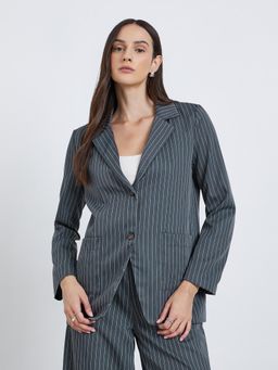 Styli - Women Regular Fit Regular Length Striped Coat - Navy Blue