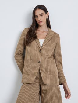 Styli - Women Regular Fit Regular Length Striped Coat - Tan