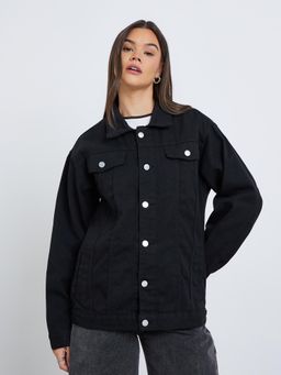 Styli - Women Oversized Fit Regular Length Denim Jacket - Black