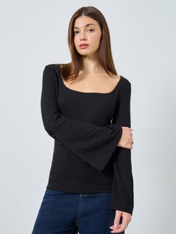Styli - Women Square Neck Long Sleeve Plain Knit Top - Black