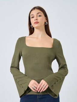 Styli - Women Square Neck Long Sleeve Plain Knit Top - Olive
