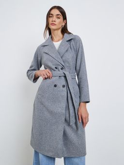 Styli - Women Regular Fit Knee Length Double Breasted Wool Look Blazer with Belt - Grey