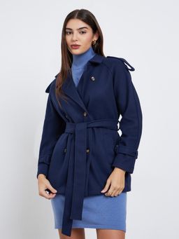 Styli - Women Oversized Fit Long Line Wool Like Double Breasted Coat with Belt - Navy Blue
