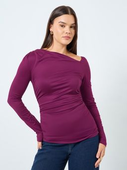 Styli - Women Cut Out Shoulder Long Sleeve Knit Top - Purple