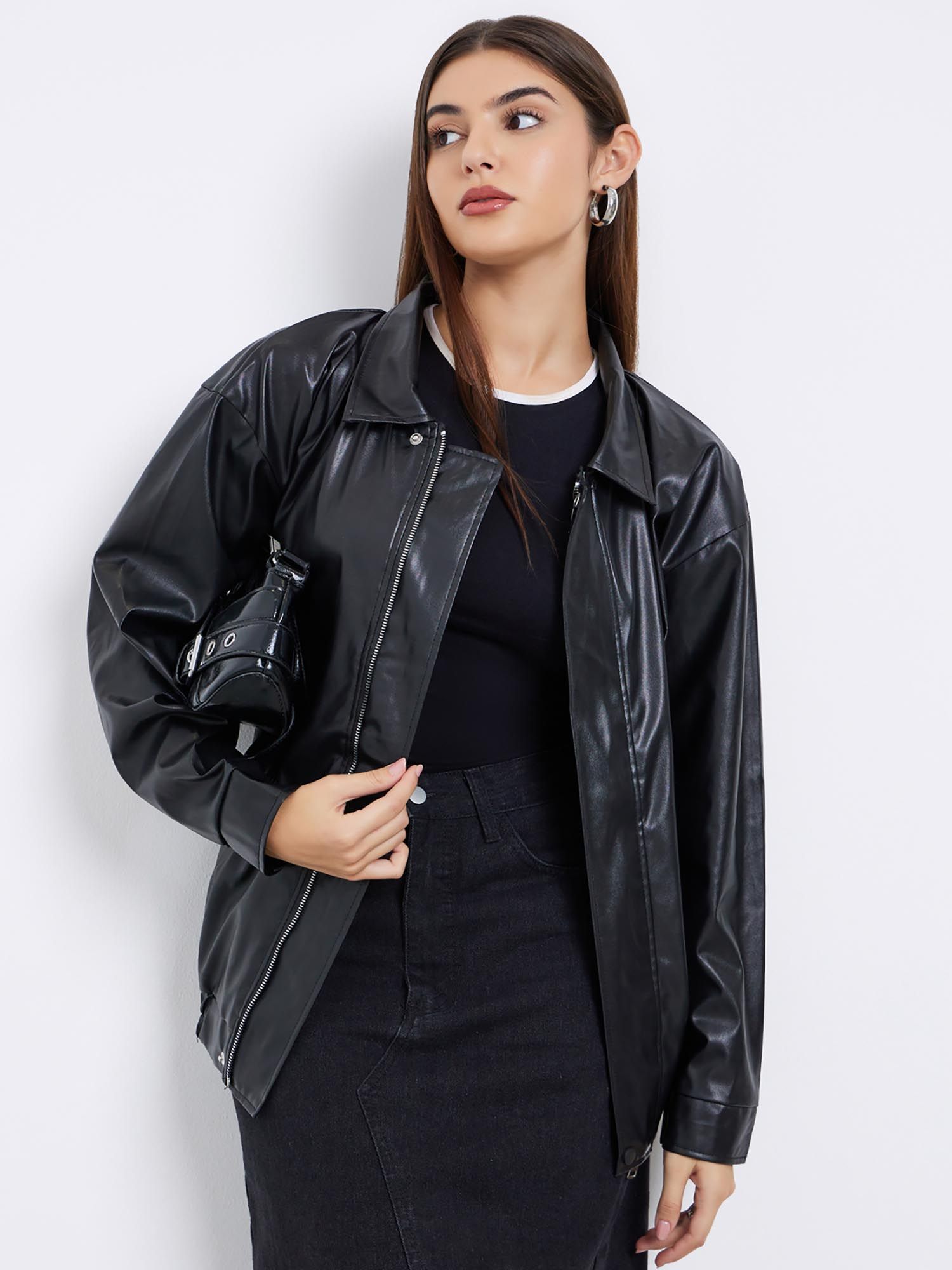 styli Women Oversized Fit Long Line Pu Leather Jacket - Black-picture-34