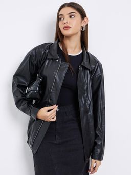 Styli - Women Oversized Fit Long Line Pu Leather Jacket - Black