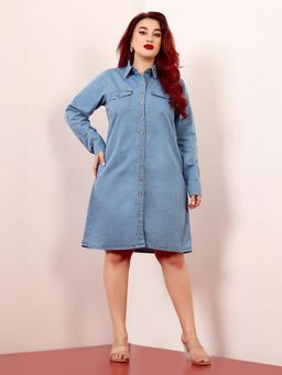Miss Chase - A+ Curve Collection Plus Size Women's Blue Polo Neck Denim Mini Dress