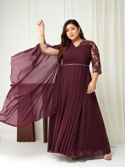 Miss Chase - A+ Curve Collection Plus Size Women's Wine V-Neck Georgette Maxi Dress